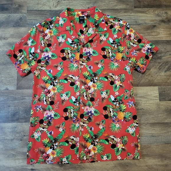 Disney Mickey Mouse Men's Red Hawaiian Surf Board Button Down Shirt Size L - Picture 1 of 8